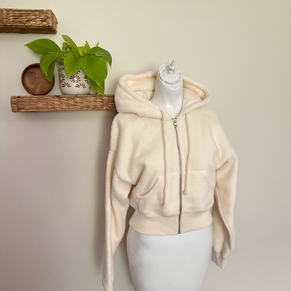 Madewell MWL Sherpa Zip Front Cropped Hoodie Sweatshirt NWT XS Cream Cozy Fall - Picture 1 of 7